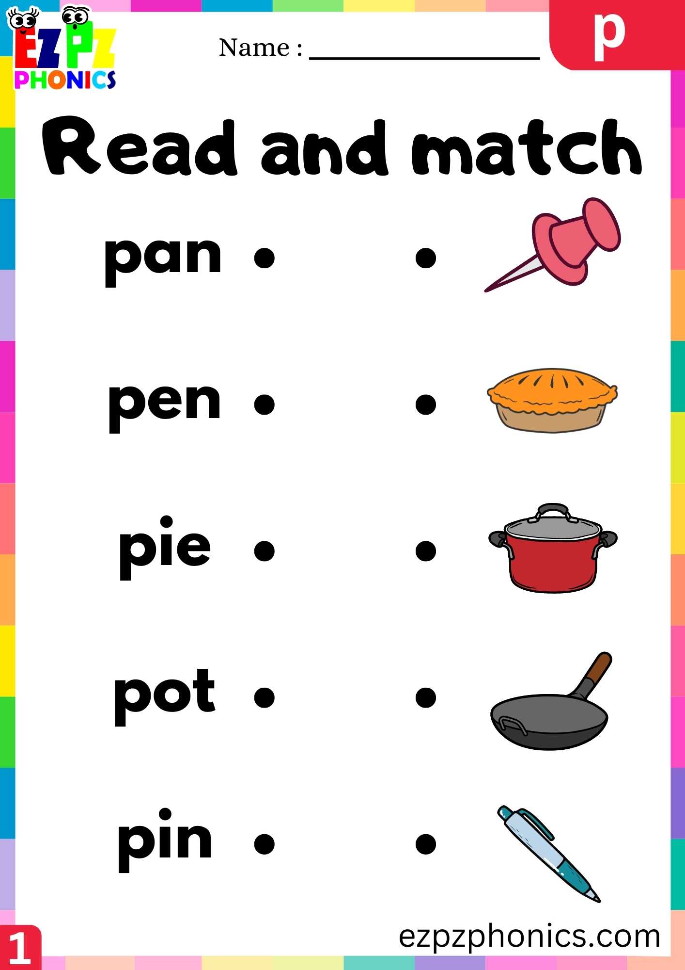 Letter P Read And Match Beginning Sounds Worksheet